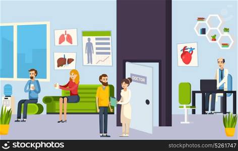 Waiting Room In The Clinic Composition. Colored flat waiting room in the clinic composition with patients and doctors vector illustration