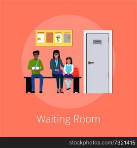 Waiting room of medical clinic icon with patients with traumas sitting on bench near doctor s door. Vector illustration of hospital room on bright background. Waiting Room Medical Clinic Vector Illustration