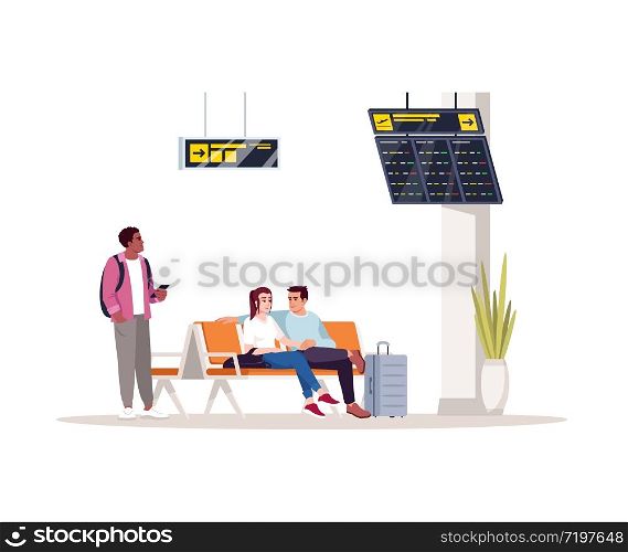 Waiting room semi flat RGB color vector illustration. People before flight in airport lobby. Woman and man seat in lounge. Airplane passengers isolated cartoon characters on white background