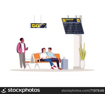 Waiting room semi flat RGB color vector illustration. People before flight in airport lobby. Woman and man seat in lounge. Airplane passengers isolated cartoon characters on white background