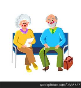 Waiting Room Sit On Chairs Elderly People Vector. Happy Senior Man And Woman Couple Sitting On Bench In Hospital Waiting Room. Old Characters Grandfather And Grandmother Flat Cartoon Illustration. Waiting Room Sit On Chairs Elderly People Vector
