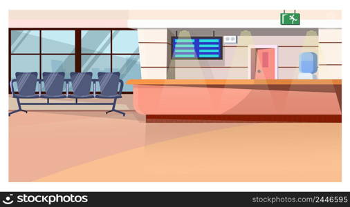 Waiting room with counter in airport vector illustration. Bright space with cooler, hanging screen and chairs in row. Airport concept. Waiting room with counter in airport vector illustration