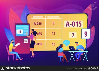 Waiting room with ticket system. Customer management method. Electronic queuing system, electronic queue management, take your ticket concept. Bright vibrant violet vector isolated illustration. concept vector illustration