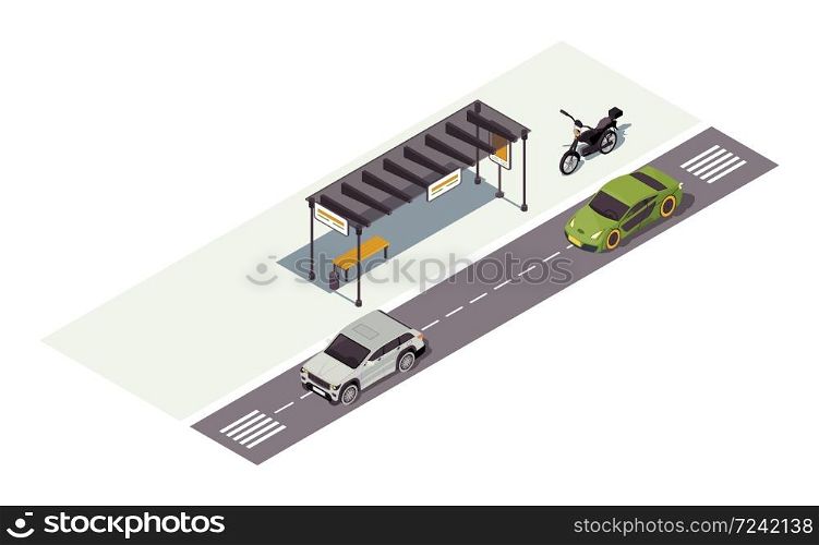 Waiting station isometric color vector illustration. Bus stop. Automobiles and motorcycle. City transport infographic. Road marking. Town traffic. Auto 3d concept isolated on white background
