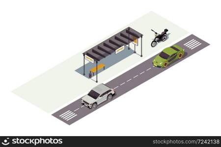 Waiting station isometric color vector illustration. Bus stop. Automobiles and motorcycle. City transport infographic. Road marking. Town traffic. Auto 3d concept isolated on white background