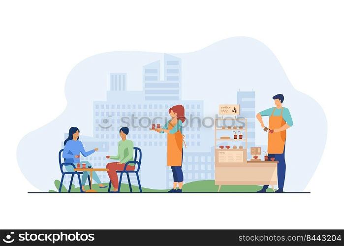 Waitress carrying takeaway coffee to customers in outdoor cafe. Coffee shop stand, stall, kiosk flat vector illustration. Street food, summer concept for banner, website design or landing web page