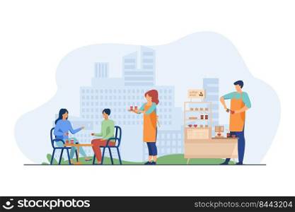 Waitress carrying takeaway coffee to customers in outdoor cafe. Coffee shop stand, stall, kiosk flat vector illustration. Street food, summer concept for banner, website design or landing web page