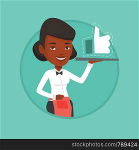 Waitress carrying tray with social network like button. Waitress holding restaurant tray with like button. Social network concept. Vector flat design illustration in the circle isolated on background.. Waitress with like button vector illustration.