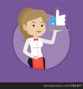 Waitress carrying tray with social network like button. Waitress holding restaurant tray with like button. Social network concept. Vector flat design illustration in the circle isolated on background.. Waitress with like button vector illustration.