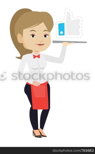 Waitress carrying tray with social network like button. Waitress holding tray with like button. Waitress with social network like button. Vector flat design illustration isolated on white background.. Waitress with like button vector illustration.