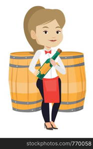 Waitress holding a bottle of wine. Waitress with bottle standing on the background of wine barrels. Waitress presenting a wine bottle. Vector flat design illustration isolated on white background.. Waitress holding bottle of alcohol.