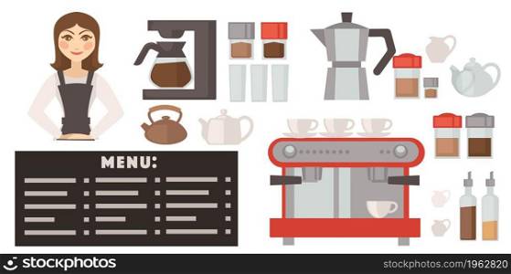 Waitress or cashier in cafe or coffee house, restaurant or diver serving clients orders. Woman with machine making beverages. Table with prices and menu variety on board. Vector in flat style. Coffee house or restaurant, cafe with waitress