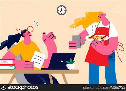 Waitress serving smiling woman client working on computer in cafe or restaurant. Server bring food to customer table in coffeeshop or diner. Good quality service, freelance. Vector illustration. . Waitress bring food to woman client in restaurant