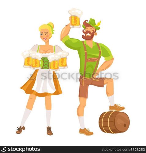 Waitress Traditional Costume Vector Illustration. Waitress holding four pints of beer and man standing near beer barrel wearing traditional german costume vector illustration isolated on white
