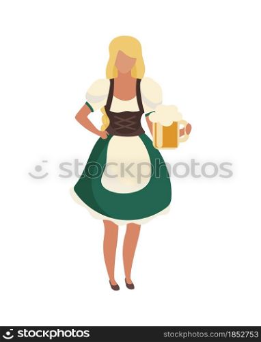 Waitress wearing traditional bavarian costume semi flat color vector character. Full body person on white. Girl in dirndl isolated modern cartoon style illustration for graphic design and animation. Waitress wearing traditional bavarian costume semi flat color vector character