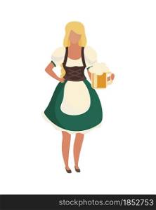 Waitress wearing traditional bavarian costume semi flat color vector character. Full body person on white. Girl in dirndl isolated modern cartoon style illustration for graphic design and animation. Waitress wearing traditional bavarian costume semi flat color vector character