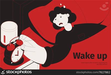 Wake up alarm isometric background with bedroom view of unhappy woman character turning off alarm clock vector illustration