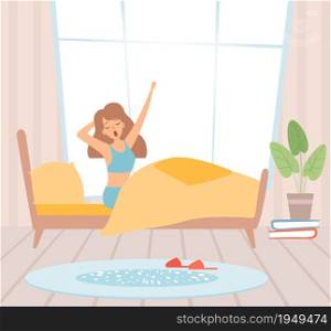 Wake up girl. Woman in bed yawning. Sunny morning, start good day vector illustration. Bedroom and awake young person, resting morning. Wake up girl. Woman in bed yawning. Sunny morning, start good day vector illustration