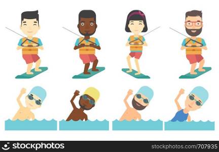 Wakeboarder making tricks. Young man wakeboarding on the sea. Professional sportsman training on wakeboard. Happy people swimming. Set of vector flat design illustrations isolated on white background.. Vector set of water sport characters.