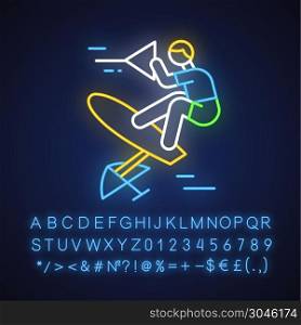 Wakeboarding neon light icon. Sling shot. Extreme water sport leisure. Rider standing on wakeboard. Adrenaline recreation. Outdoor activity. Glowing alphabet, numbers. Vector isolated illustration