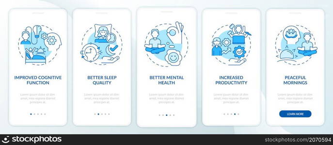 Waking up early benefits blue onboarding mobile app screen. Life power walkthrough 5 steps graphic instructions pages with linear concepts. UI, UX, GUI template. Myriad Pro-Bold, Regular fonts used. Waking up early benefits blue onboarding mobile app screen