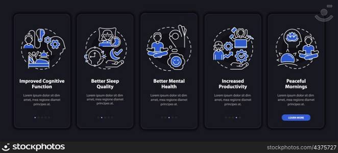 Waking up early benefits night mode onboarding mobile app screen. Energy walkthrough 5 steps graphic instructions pages with linear concepts. UI, UX, GUI template. Myriad Pro-Bold, Regular fonts used. Waking up early benefits night mode onboarding mobile app screen
