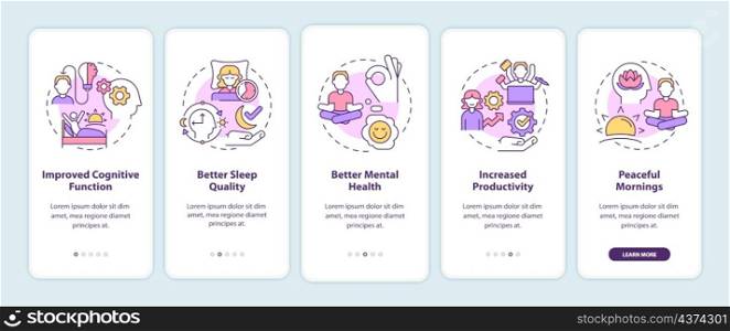 Waking up early benefits onboarding mobile app screen. Productivity walkthrough 5 steps graphic instructions pages with linear concepts. UI, UX, GUI template. Myriad Pro-Bold, Regular fonts used. Waking up early benefits onboarding mobile app screen