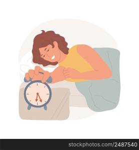 Waking up isolated cartoon vector illustration. Person holding hand on ringing alarm clock, family daily routine, waking up in the morning, kids playing around, lying in bed vector cartoon.. Waking up isolated cartoon vector illustration.