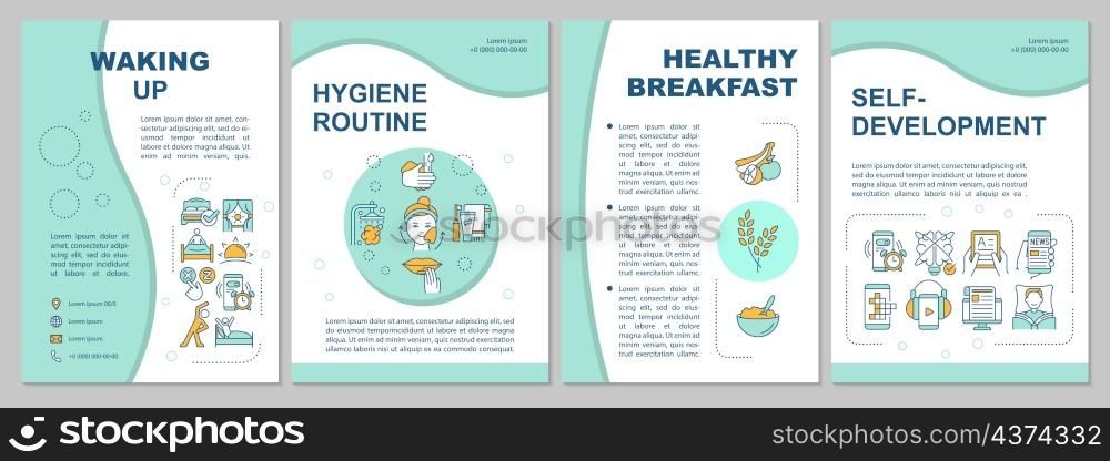 Waking up mint brochure template. Morning routine tips. Booklet print design with linear icons. Vector layouts for presentation, annual reports, ads. Arial, Myriad Pro-Regular fonts used. Waking up mint brochure template