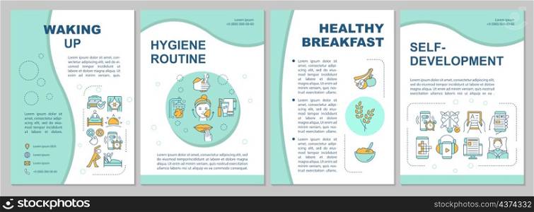 Waking up mint brochure template. Morning routine tips. Booklet print design with linear icons. Vector layouts for presentation, annual reports, ads. Arial, Myriad Pro-Regular fonts used. Waking up mint brochure template