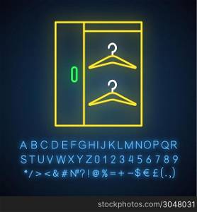 Walk in closets neon light icon. Dressing room. Wardrobe. Cupboard, cabinet. Comfortable home. Apartment amenities. Glowing sign with alphabet, numbers and symbols. Vector isolated illustration