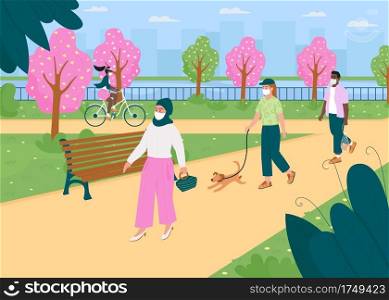 Walk in spring park during quarantine flat color vector illustration. Social distance in city. Trees with flowers. Divers 2D cartoon characters in medical masks with public garden on background. Walk in spring park during quarantine flat color vector illustration