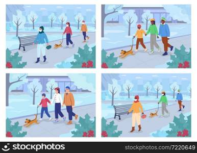 Walk in winter park flat color vector illustration set. Family spending time together. Women, man in face masks. People in warm coats 2D cartoon characters with landscape on background collection. Walk in winter park flat color vector illustration set