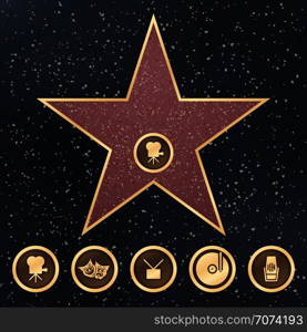 Walk of fame star granite sign on sidewalk with Hollywood Film Academy categories vector icons. Illustration walk fame on sidewalk, star famous and popular. Walk of fame star granite sign on sidewalk with Hollywood Film Academy categories vector icons