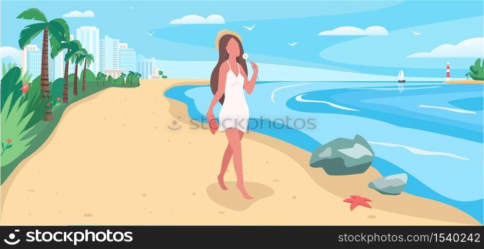 Walk on beach flat color vector illustration. Woman alone near ocean. Self care for women. Resort for recreation. Female tourist 2D cartoon characters with Hawaii landscape on background. Walk on beach flat color vector illustration