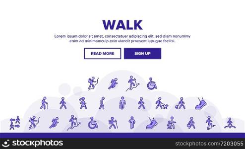 Walk People Motion Landing Web Page Header Banner Template Vector. Human Walk With Dog And Luggage, With Case And Backpack, Crosswalk And Stairs Illustrations. Walk People Motion Landing Header Vector