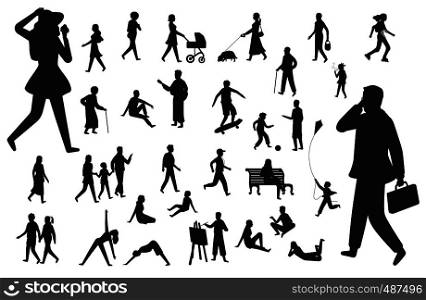 Walk people silhouette. Black figures of happy children woman young lady with pram and dog, working man and walking person vector isolated set. Walk people silhouette. Black figures of happy children woman young lady working man, walking person vector isolated set