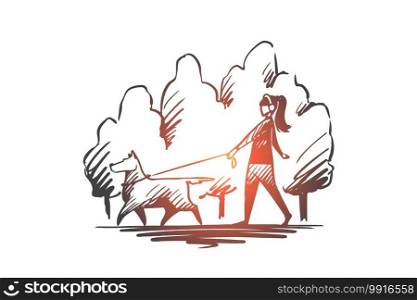 Walk, pet, dog, lifestyle, darling concept. Hand drawn woman walking with her dog on a leash in city park concept sketch. Isolated vector illustration.. Walk, pet, dog, lifestyle, darling concept. Hand drawn isolated vector.