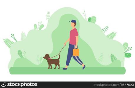 Walk with dog in the woods in the park, a man walks and holds a dog on a leash in a summer garden. A happy dog plays with the owner against the backdrop of a spring landscape with a green meadow. Walk with dog in the woods in the park, a man walks and holds a dog on a leash in a summer garden