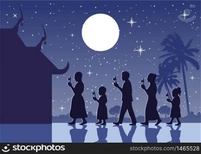 walk with lighted candles in their hands around a temple, Buddhist tradition to pay respect and belief to religion, silhouette style,vector illustration