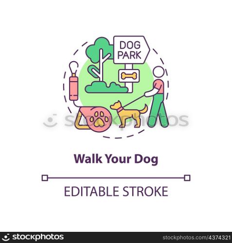 Walk your dog concept icon. Taking care of pets. Morning routine abstract idea thin line illustration. Isolated outline drawing. Editable stroke. Roboto-Medium, Myriad Pro-Bold fonts used. Walk your dog concept icon