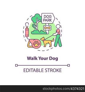 Walk your dog concept icon. Taking care of pets. Morning routine abstract idea thin line illustration. Isolated outline drawing. Editable stroke. Roboto-Medium, Myriad Pro-Bold fonts used. Walk your dog concept icon