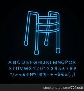 Walker neon light icon. Walking frame. Mobility aid. Handicap equipment. Glowing sign with alphabet, numbers and symbols. Vector isolated illustration. Walker neon light icon