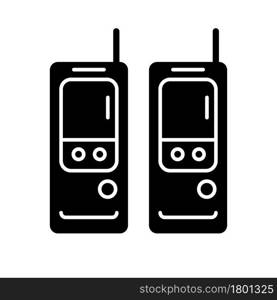 Walkie-talkie black glyph icon. Vintage handheld transceiver. Small portable device for communication. Old portable radios. Silhouette symbol on white space. Vector isolated illustration. Walkie-talkie black glyph icon