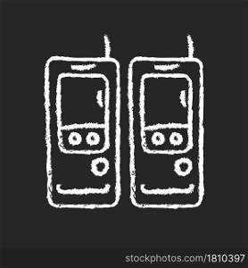 Walkie-talkie chalk white icon on dark background. Vintage handheld transceiver. Small portable device for communication. Old portable radios. Isolated vector chalkboard illustration on black. Walkie-talkie chalk white icon on dark background