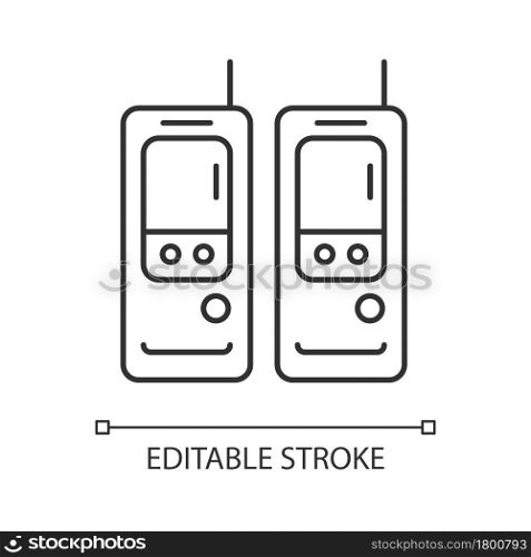 Walkie-talkie linear icon. Vintage handheld transceiver. Small portable device for communication. Thin line customizable illustration. Contour symbol. Vector isolated outline drawing. Editable stroke. Walkie-talkie linear icon
