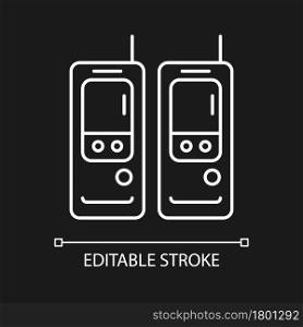 Walkie-talkie white linear icon for dark theme. Vintage handheld transceiver. Small portable device. Thin line customizable illustration. Isolated vector contour symbol for night mode. Editable stroke. Walkie-talkie white linear icon for dark theme