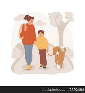 Walking a dog isolated cartoon vector illustration Kid and parent walking a dog on a leash, walking outside together, caring for a pet, family daily routine, domestic animal vector cartoon.. Walking a dog isolated cartoon vector illustration
