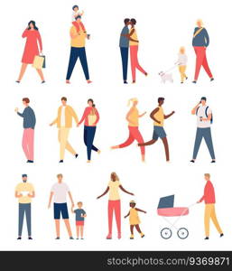 Walking adults and kids. Flat parents, children, happy family and couples. Father with stroller, mother and girl walks dog. Crowd vector set. Illustration happy family, parent with kids. Walking adults and kids. Flat parents, children, happy family and couples. Father with stroller, mother and girl walks dog. Crowd vector set