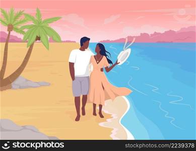 Walking barefoot on sandy beach flat color vector illustration. Tropical vacation spot. Romantic getaway. Couple walking along seashore 2D simple cartoon characters with sunset on background. Walking barefoot on sandy beach flat color vector illustration